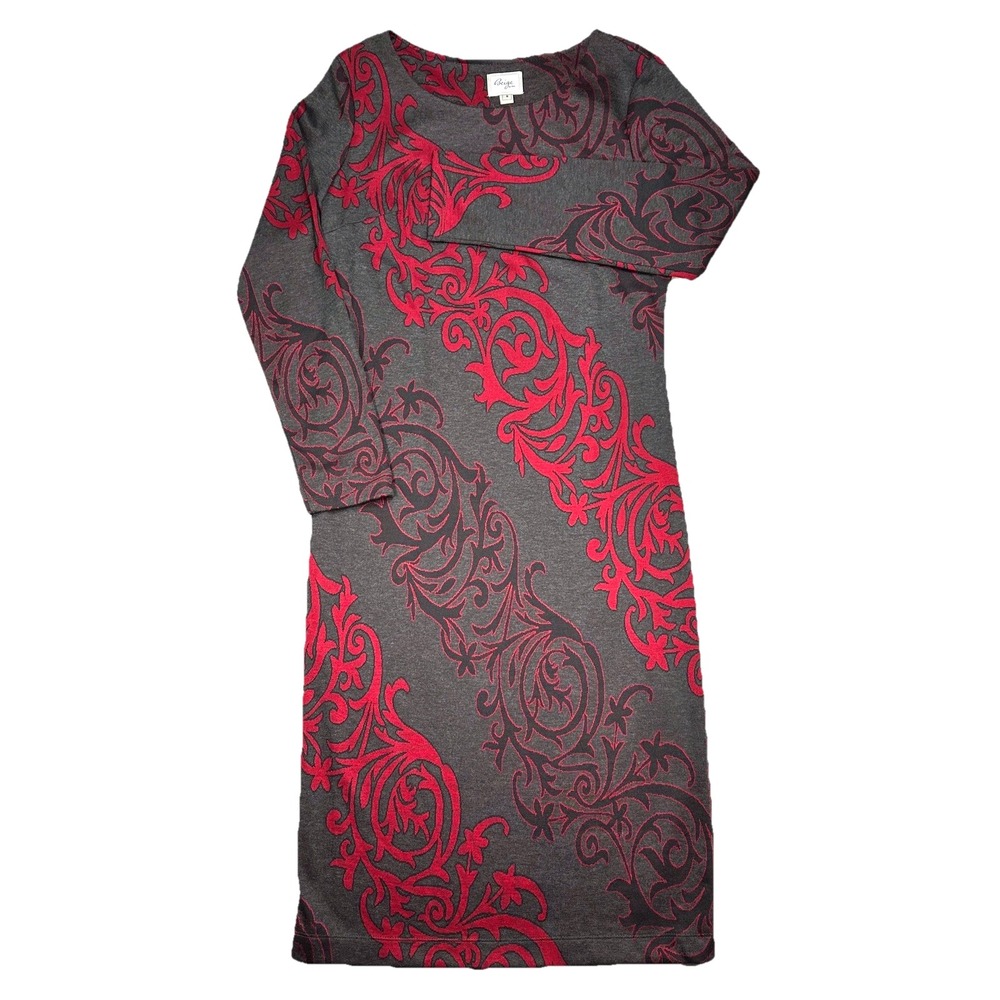 Beige By ECI Sz 8‎ Red Charcoal Scroll Knit Sheath Dress New Career Long Sleeve